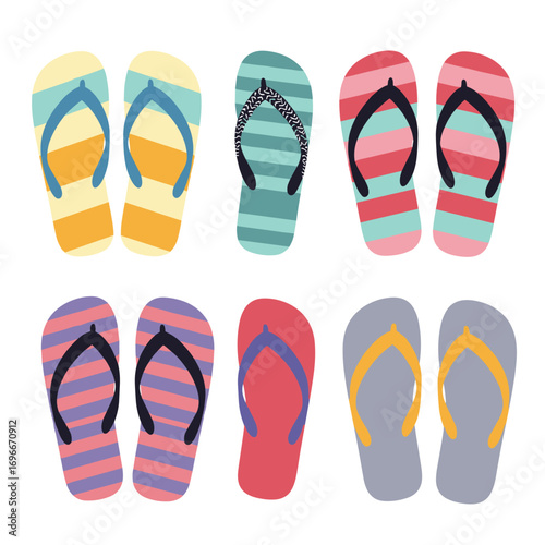 Collection of colorful summer flip flops for beach and casual wear