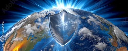 3D Stylized Shield Hovering Above Earth with Radiant Light in a Global Context