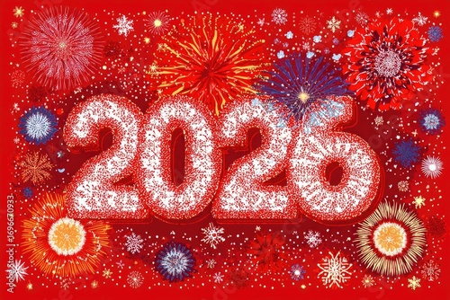 Fireworks exploding behind 2026 sign celebrating new year