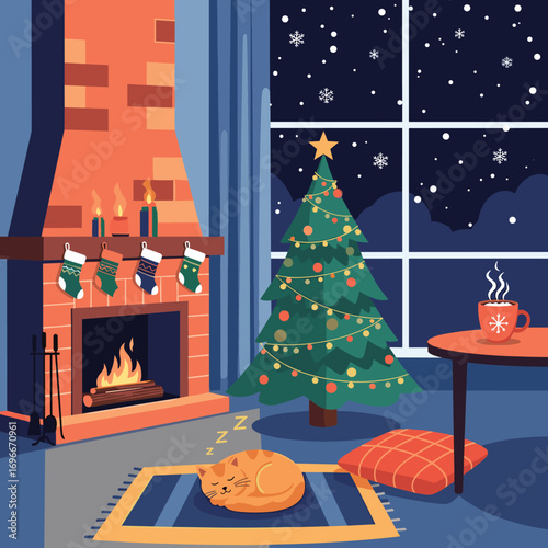 Cozy winter night scene with a sleeping cat and a christmas tree illuminated by fireplace glow