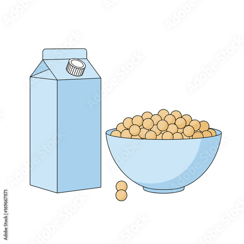Illustration of a carton of plant based milk next to a bowl filled with soybeans and a few soybeans scattered on a surface