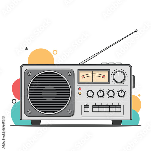 Vintage portable am fm radio with telescopic antenna and multiple dials for tuning and volume control