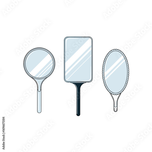 A collection of three different shaped handheld mirrors with handles reflecting light