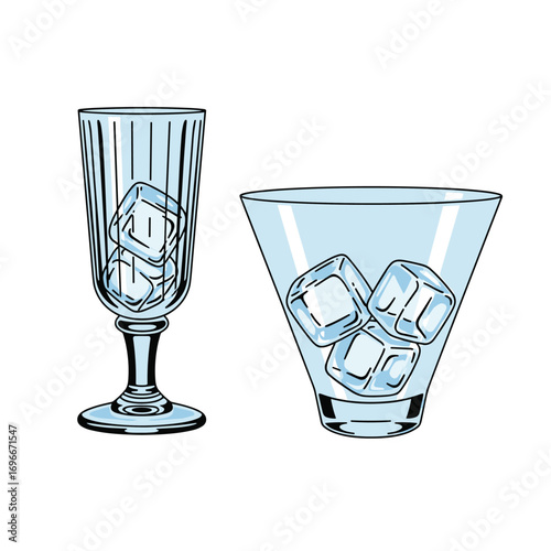 Two clear glassware items with ice cubes inside representing refreshing cold drinks