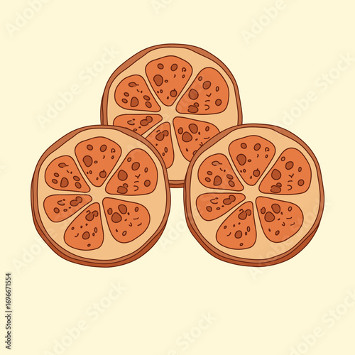 Three slices of vibrant orange fruit displayed together against a soft cream background