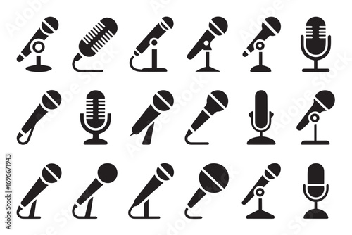 wireless and corded microphone icon pack 18 black and white vector mic symbols for sound studio music and app design