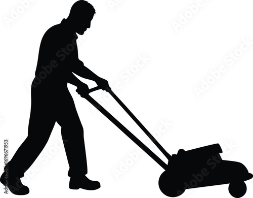 Man pushing an old green lawn mower silhouette
