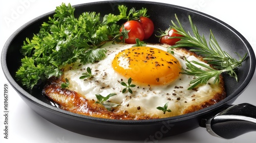 Fried Egg Garnished with Fresh Herbs and Cherry Tomatoes in a Black Frying Pan