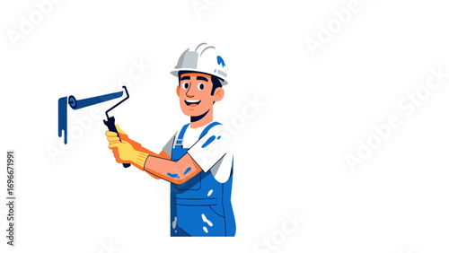 Handyman Painter at Work: A skilled painter, wearing a hard hat, gloves, and work overalls, skillfully wields a paint roller, adding a splash of vibrant color to a wall.