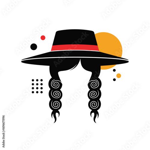 Illustration of a person wearing a wide-brimmed hat with braids against a colorful abstract background