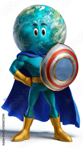 Cartoon-Style Earth Character in Superhero Outfit with Cape and Shield Portraying Playful Heroism