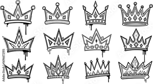 Set of twelve hand-drawn black and white crowns with dripping paint in cartoon style