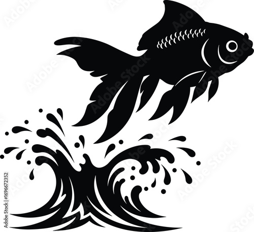 Black fish leaping from stylized water waves