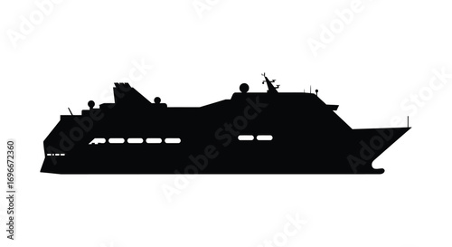 a large ship silhouette against a stark white background