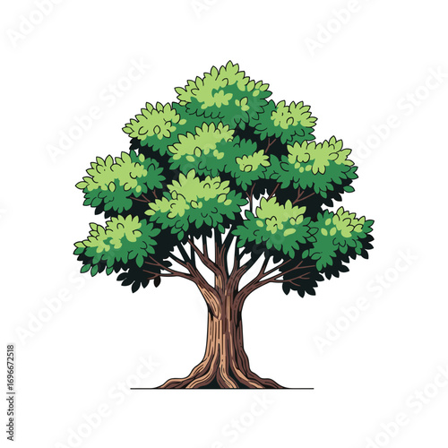 A lush green tree with a strong trunk and a wide canopy of leaves