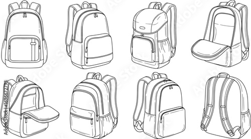 Set of outline style backpack icons for school, travel or casual usage