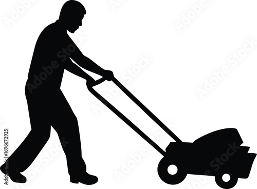 Man pushing an old green lawn mower silhouette