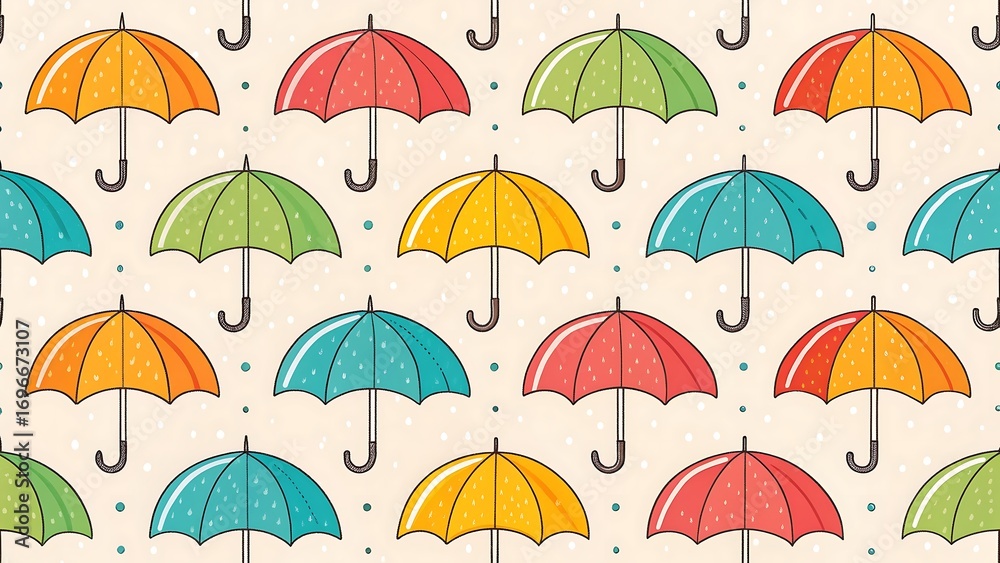 Naklejka premium Seamless pattern with colorful umbrellas and raindrops