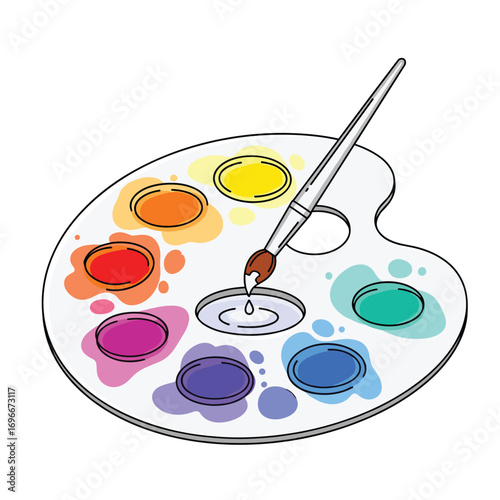 A painter's art palette displays a vibrant array of colors with a brush ready to create a masterpiece of artistic expression