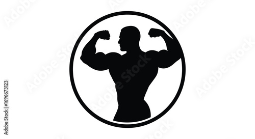 a strong man silhouette flexing muscles inside an oval frame