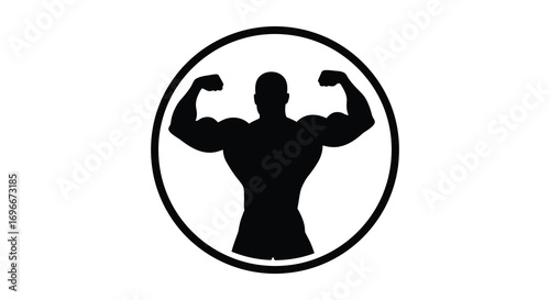 a muscular silhouette figure flexing muscles inside an oval frame
