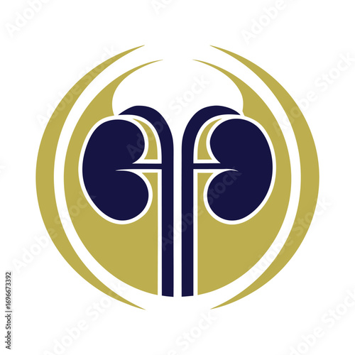 Dark blue kidneys with gold and white circular emblem organ medical 1
