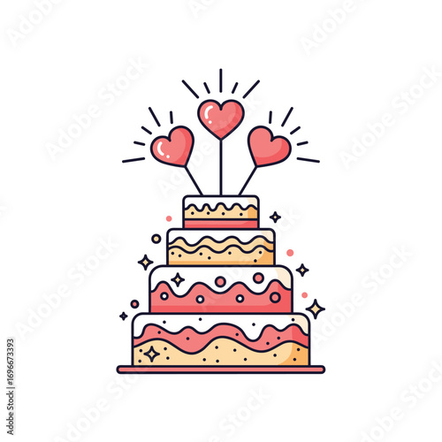 A beautifully decorated four-tier wedding cake adorned with sweet heart toppers and sparkling accents perfect for any celebration