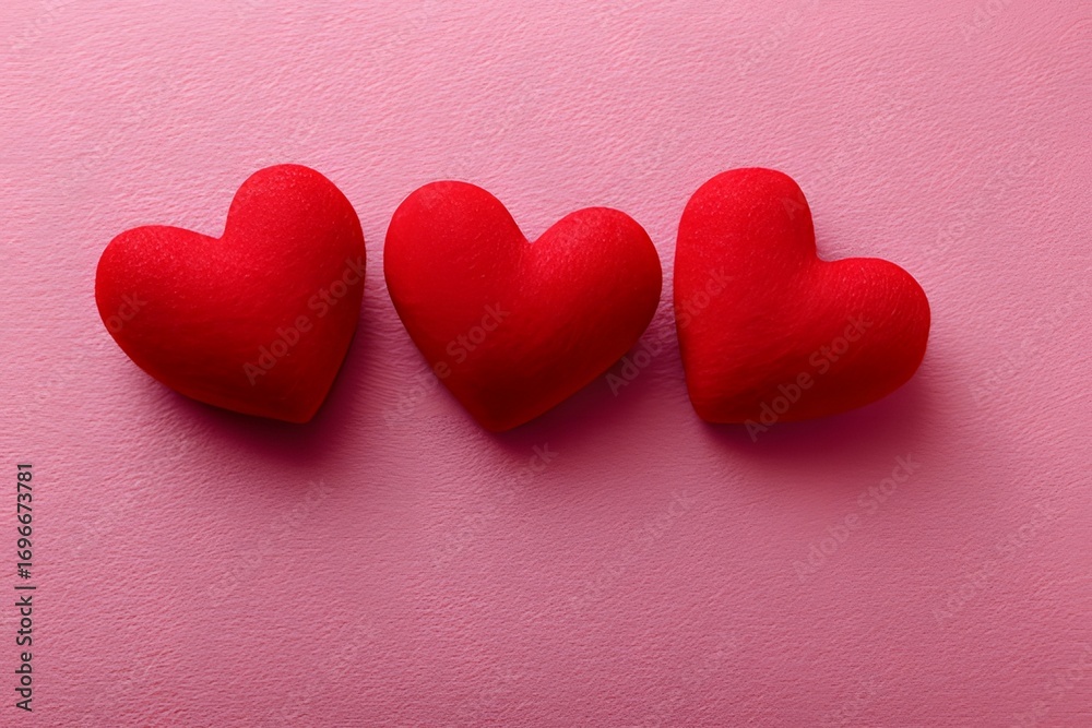 Obraz premium Three red hearts on pink background symbolizing love and romance
