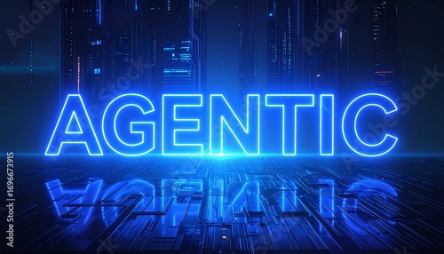 Glowing neon blue typography "AGENTIC AI" with futuristic circuit board background, digital holographic elements, cyberpunk style, and high-tech AI energy theme.