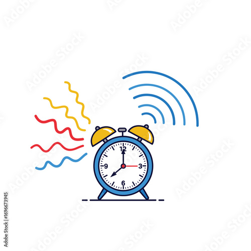 Loud analog alarm clock ringing with sound waves emanating clearly indicating time for waking up