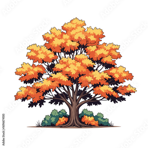 A beautiful deciduous tree with vibrant orange leaves and lush green foliage beneath displaying the colors of autumn nature in pixel art style