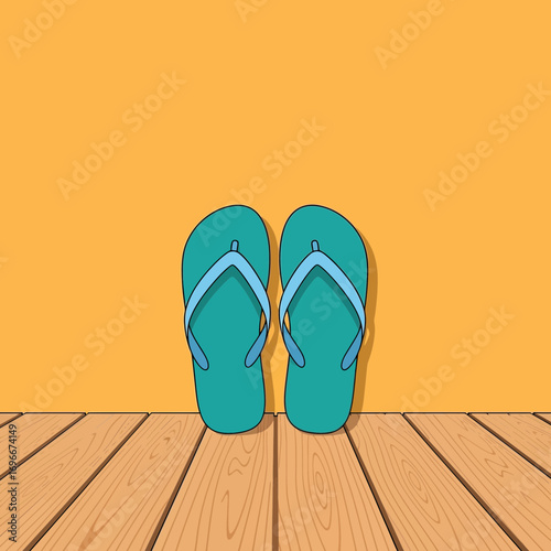 Pair of Teal FlipFlops on a Wooden Deck Against a Sunny Orange Background