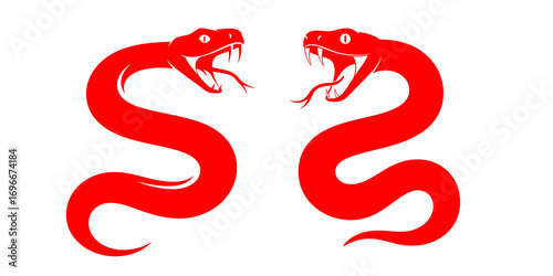Two Stylized Red Snakes with Open Mouths and Extended Tongues