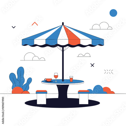 A serene outdoor picnic scene with refreshments under a striped umbrella on a sunny day with gentle clouds
