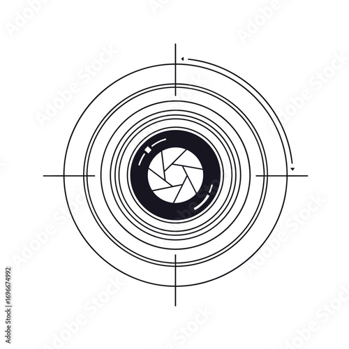 Abstract representation of a camera lens aperture with concentric circles and crosshairs