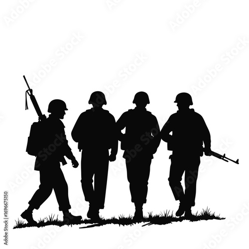 Silhouette of soldiers walking together with rifles