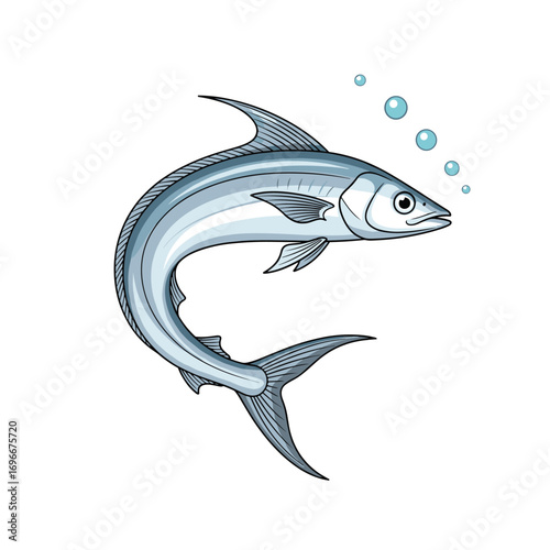 A single silver fish with a curved body swims upwards surrounded by tiny bubbles in clear water