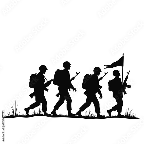 Silhouette of soldiers with rifles and a flag marching