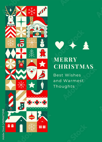 Wallpaper Mural Merry Christmas Greeting Card with Nutcracker, Santa, and Reindeer, Festive Vector Illustration. Cozy Holiday Card with Christmas Ornaments, Snowman, and Gingerbread Man, Retro Flat Design Torontodigital.ca