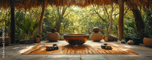 Immerse yourself in a serene sound bath experience at an outdoor ecoresort, surrounded by nature's tranquility.