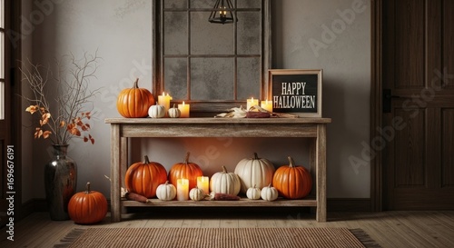 A cozy and inviting halloween display featuring pumpkins, candles, and a rustic wooden table, creating a warm and festive atmosphere in a home interior setting, perfect for autumn