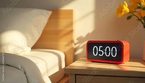 Bright morning sun illuminates a bedside table with an alarm clock showing 05:00