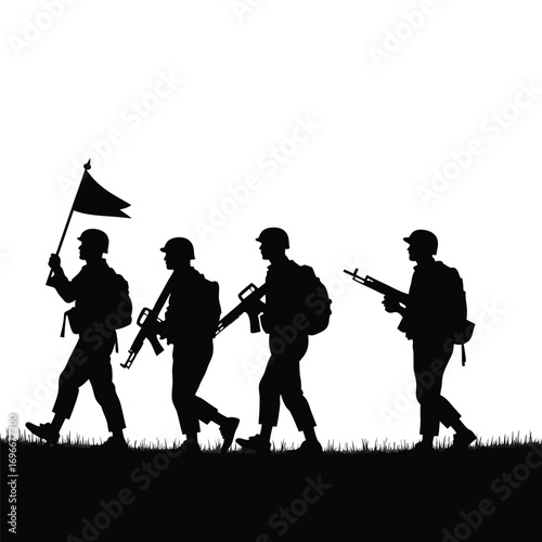 Soldiers marching with flag in silhouette on white background Keywords: soldiers, marching