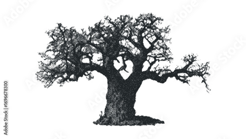 Textured old oak tree rendered in stippling technique on a transparent background. Vector hand drawn illustration