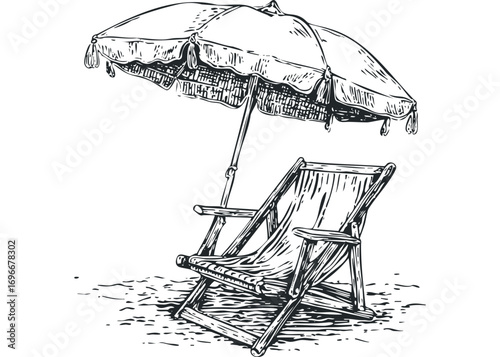 Beach umbrella and chair ink drawing on transparent background. Vector hand drawn illustration