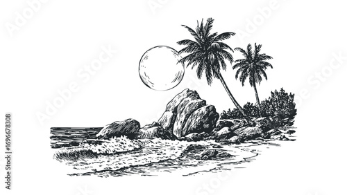 Tropical beach with palm trees and ocean waves drawn in sketch style. Vector hand drawn illustration