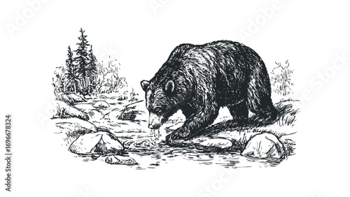 Line drawing of a bear drinking from a stream in a forest on transparent background. Vector hand drawn illustration