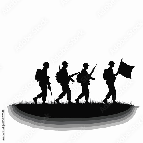 Soldiers marching with rifles and flag on grassy mound Keywords: soldier, military, army, march