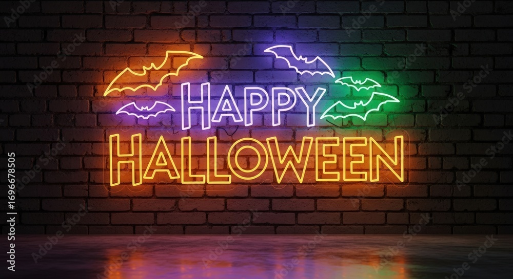 Obraz premium A vibrant neon sign spells out happy halloween with bat silhouettes against a dark brick wall, creating a spooky and festive atmosphere for the holiday