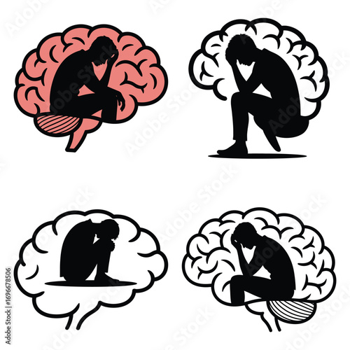 Depression, sad man silhouette inside a brain vector